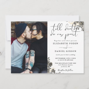 Elegant Script Gothic Roses Floral Photo Wedding Invitation