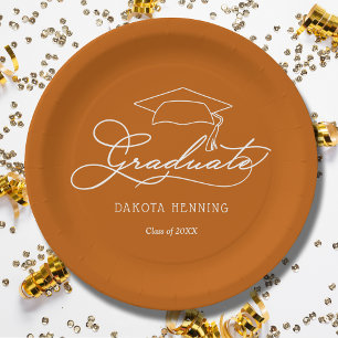 Elegant Script Grad Cap Burnt Orange Graduation Paper Plate