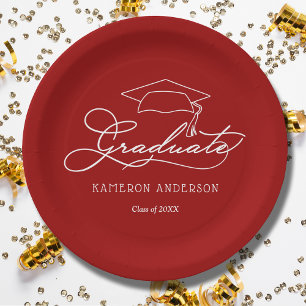 Elegant Script Grad Cap Dark Red Graduation Paper Plate