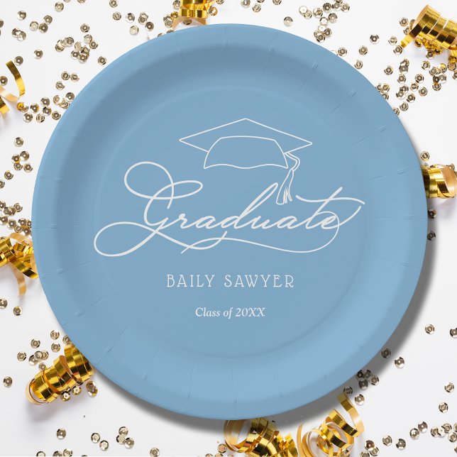 Elegant Script Grad Cap | Powder Blue Graduation Paper Plate (White script grad cap on powder blue personalized graduation paper plates, napkins in our store)