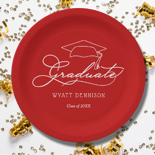 Elegant Script Grad Cap Scarlet Red Graduation Paper Plate