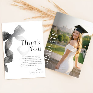 Elegant Script Grad Photo Black Bow Graduation Thank You Card