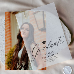 Elegant script graduate black and white graduation vellum invitations