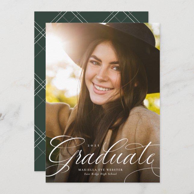 Elegant script graduate green vertical graduation announcement (Front/Back)