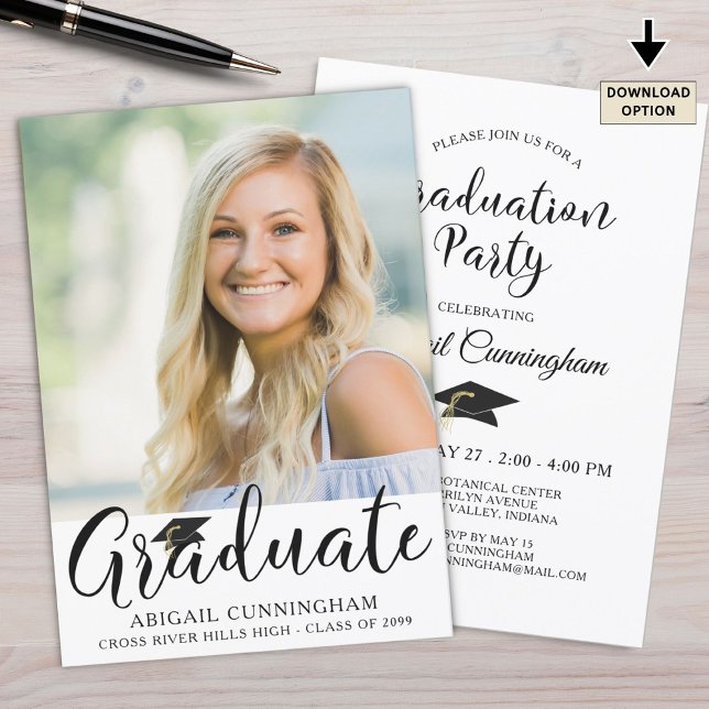 Elegant Script Graduate One Photo Black White Invitation (Creator Uploaded)