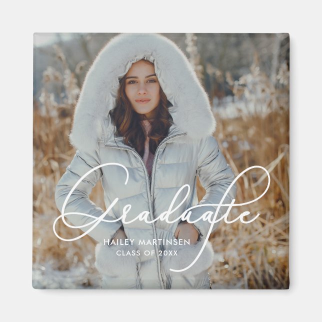 Elegant Script Graduate Photo and Name Magnet (Front)