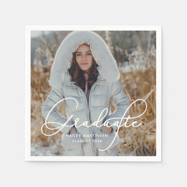 Elegant Script Graduate Photo and Name Napkin (Front)