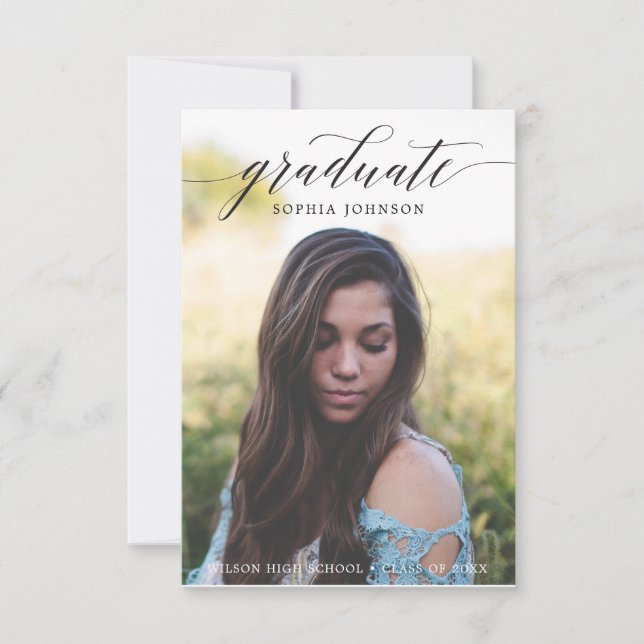 Elegant Script Graduation Announcement with Photo (Front)