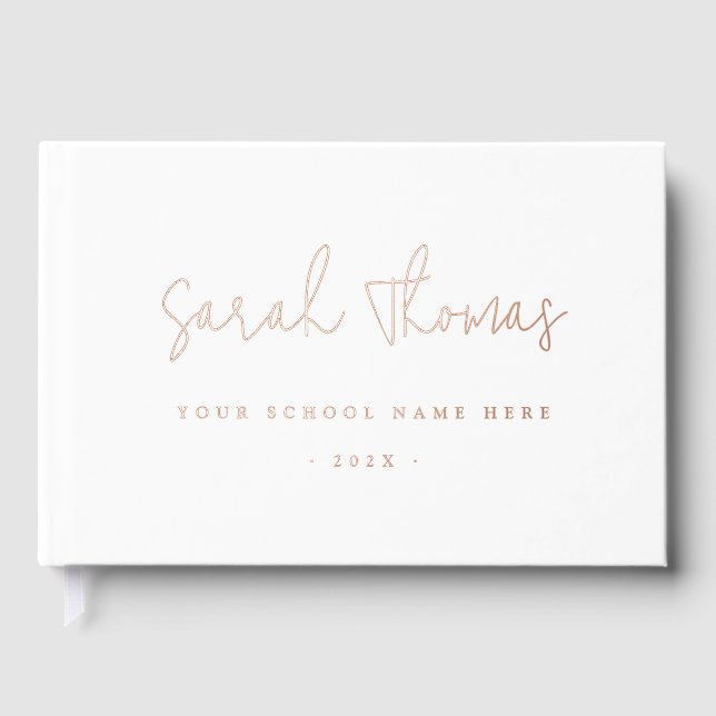 Elegant script graduation name school white guest book (Front)