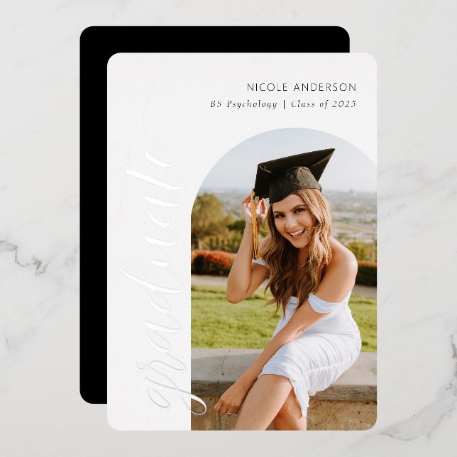 Elegant Script Graduation Party Arch Photo Silver (Front/Back)