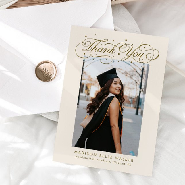 Elegant Script Graduation Photo Beige Thank You Card (Creator Uploaded)
