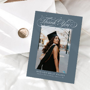 Elegant Script Graduation Photo Slate Blue Thank You Card