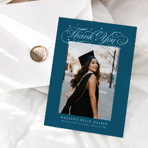 Elegant Script Graduation Photo Teal Thank You Card