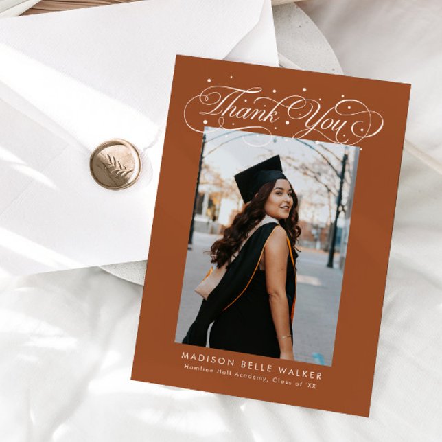 Elegant Script Graduation Photo Terracotta Thank You Card (Creator Uploaded)