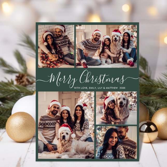 Elegant Script Green 5 Photo Collage Christmas Holiday Card (Creator Uploaded)