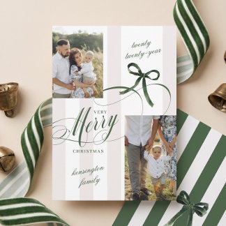 Elegant Script Green Bow Merry Christmas Photo Holiday Card