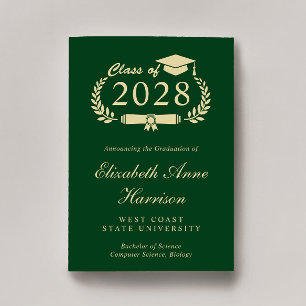 Elegant Script Green Gold College Graduation Announcement