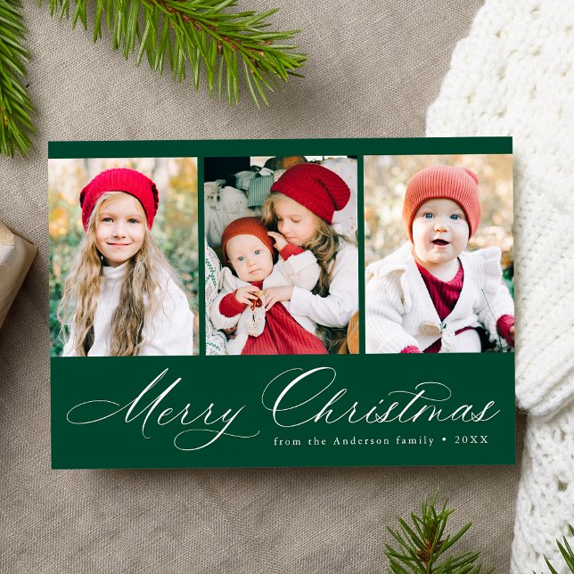 Elegant Script Green Merry Christmas 3 Photo Holiday Card (Creator Uploaded)