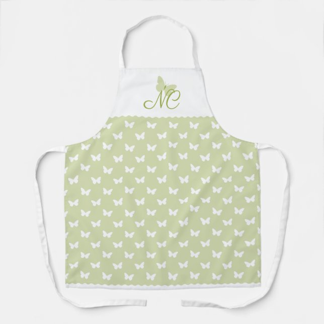 Elegant Script Green Monogram Butterfly Pattern Apron (Front)
