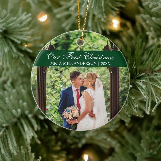 Elegant Script Green Our First Christmas Ceramic Ornament (Tree)