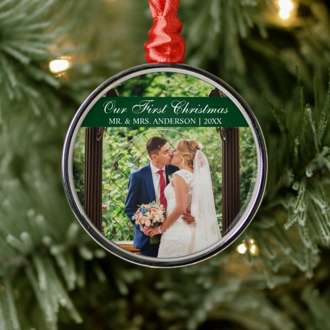 Elegant Script Green Our First Christmas Metal Ornament (Tree)