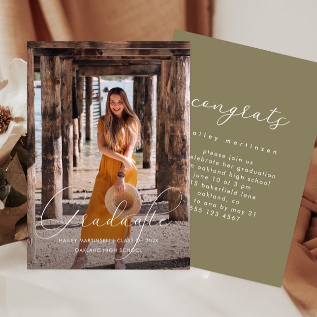Elegant Script Green Photo Graduation Party Invitation (Creator Uploaded)