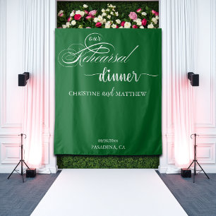 Elegant Script Green Rehearsal Dinner Backdrop Tapestry