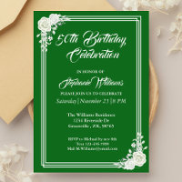 Elegant Script Green White Rose 50th Birthday