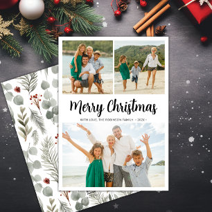 Elegant Script Greenery 3 Multi Photo Christmas  Holiday Card