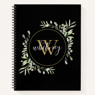 Elegant Script Greenery Chic Gold Monogram Black Notebook