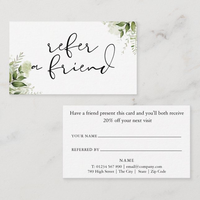 Elegant Script Greenery Floral Referral Card (Front/Back)