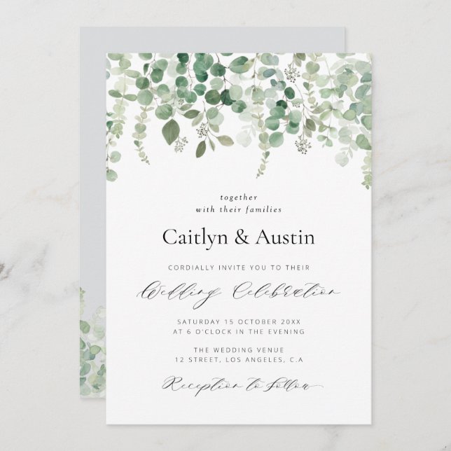 elegant script greenery floral wedding invitation (Front/Back)