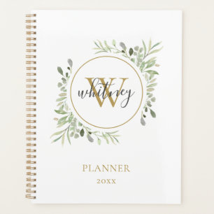 Elegant Script Greenery Gold Monogram 2023 Planner