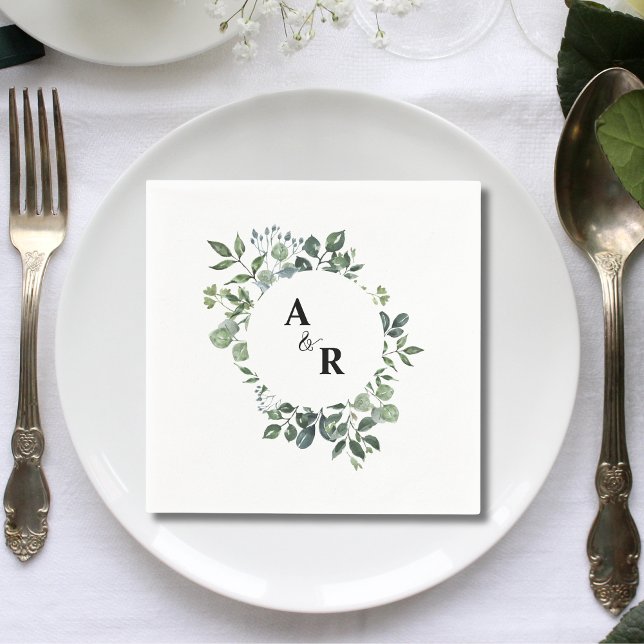 Elegant Script Greenery Monogram Wedding Paper Napkin (Creator Uploaded)
