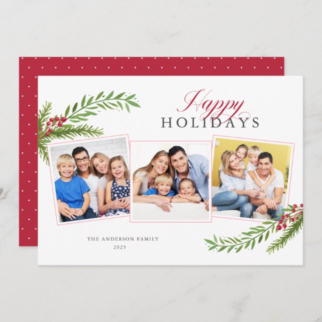 Elegant Script Greenery Photo Happy Holidays Holiday Card (Front/Back)