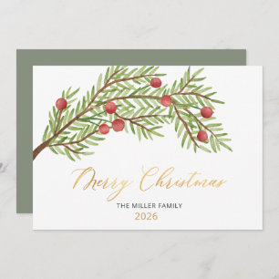 Elegant Script Greenery Red Berries Christmas  Holiday Card