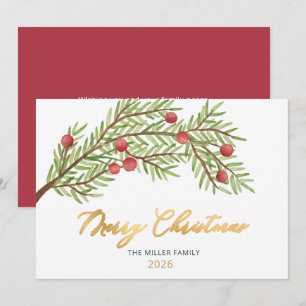 Elegant Script Greenery Red Berries Christmas  Holiday Card