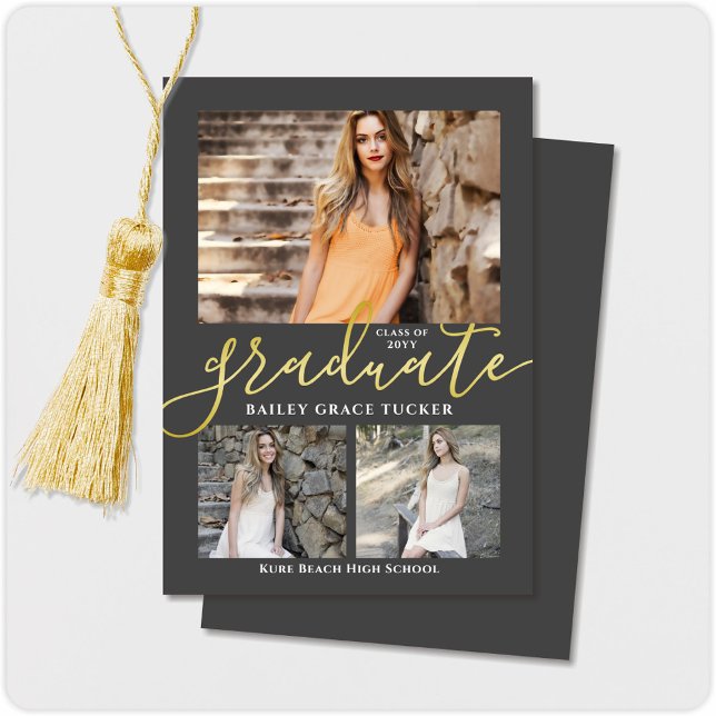 Elegant Script Grey 3-Photo Collage Graduation Announcement (Creator Uploaded)