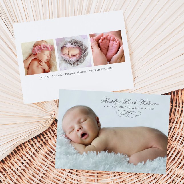 Elegant Script Grey Baby Multi Photo Birth Announcement (Creator Uploaded)