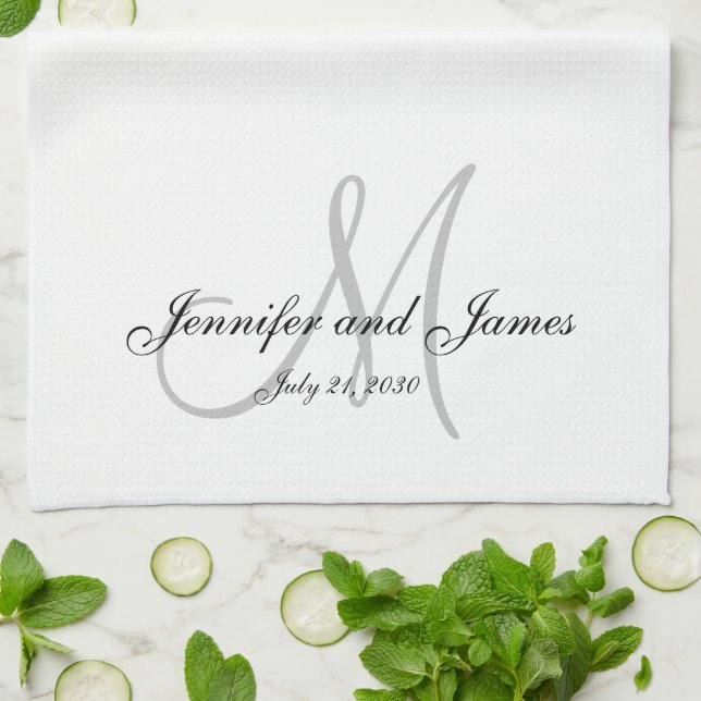 Elegant Script Grey Monogram Newlywed Wedding Tea Towel (Folded)