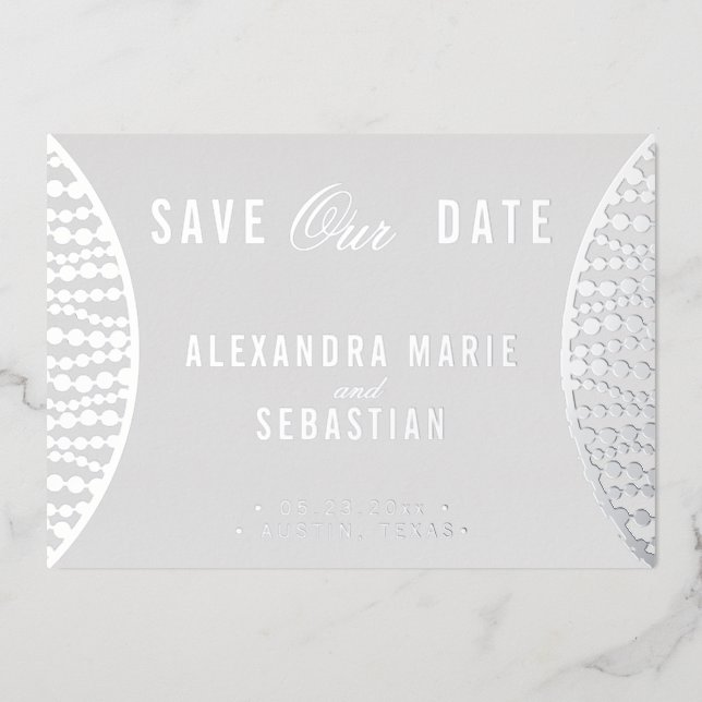 Elegant Script Grey Pearls Save the Date Silver (Front)