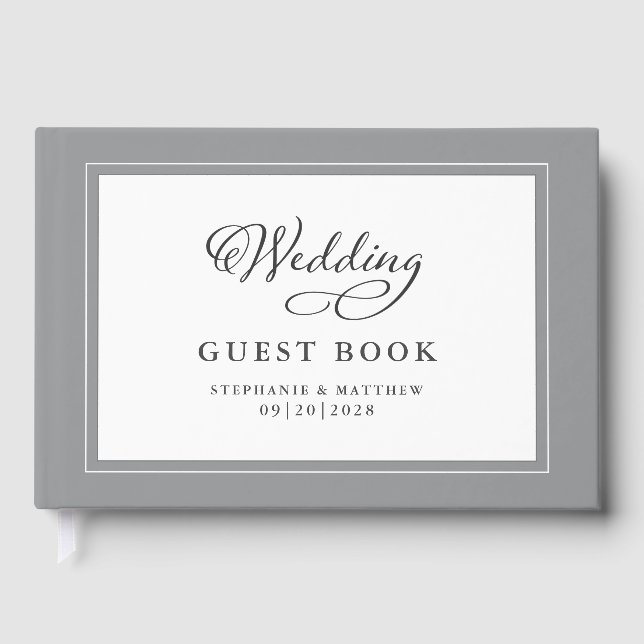Elegant Script Grey Wedding Guestbook Chic Border (Front)