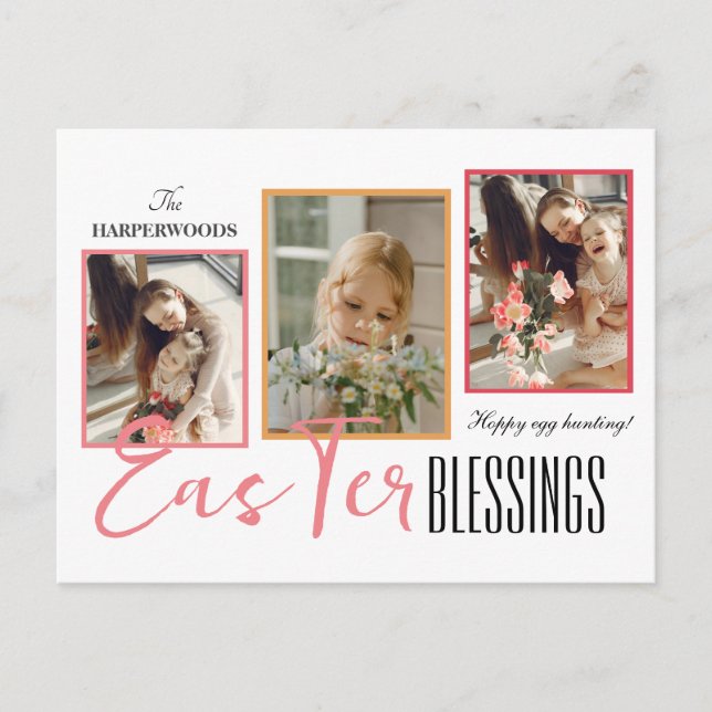 Elegant Script Happy Easter Family Three Photo Holiday Postcard (Front)