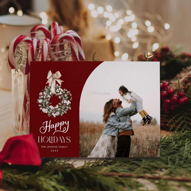 Elegant Script Happy Holidays Photo Card (Happy Holidays Burgundy One Photo Greeting Card)