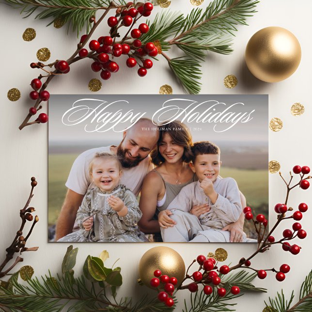 Elegant Script Happy Holidays Two Photo Holiday Card (Creator Uploaded)