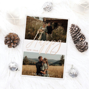 Elegant Script Happy New Year Minimal Couple Photo Foil Holiday Card