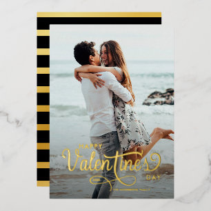 Elegant Script  Happy Valentine's Day Photo Stripe Foil Holiday Card