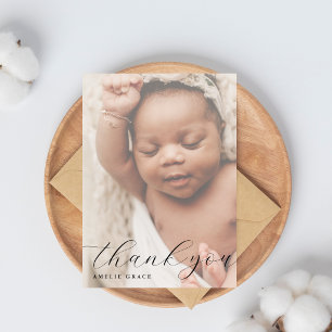 Elegant Script Hazy Baby Photo Simple Baby Shower Thank You Card