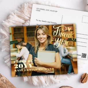 Elegant Script Heart Photo Graduation Thank You Foil Holiday Postcard