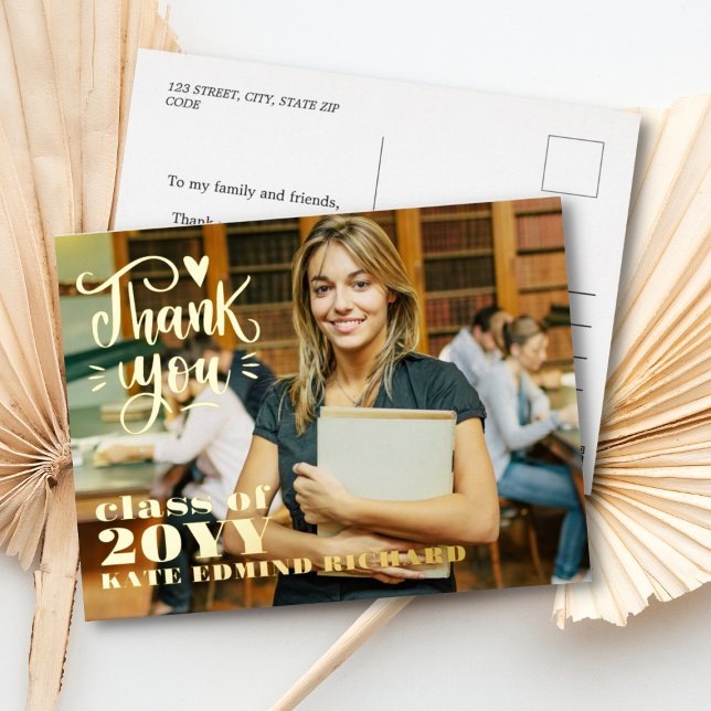 Elegant Script Heart Photo Graduation Thank You   Foil Holiday Postcard (Creator Uploaded)
